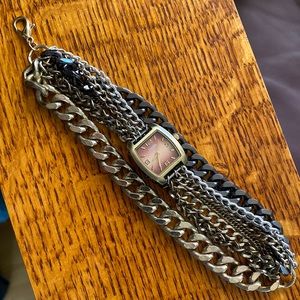 NWOT Bongo Black, Silver, Gold-Tone Chain Bracelet Style Ladies Watch